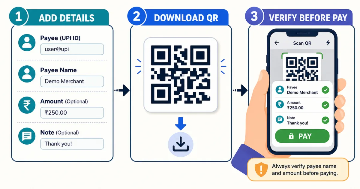 Three-step diagram showing UPI payment details added, a QR code downloaded, and a payer verifying the name and amount before paying