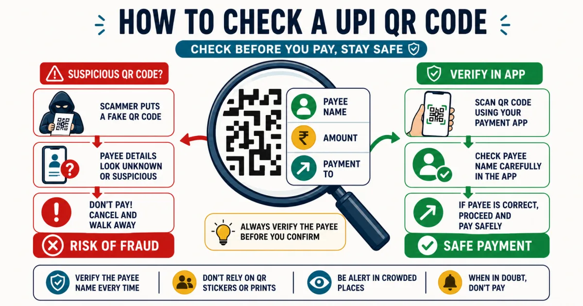 Diagram comparing warning signs in a suspicious payment QR with verifying the resolved payee inside a payment app