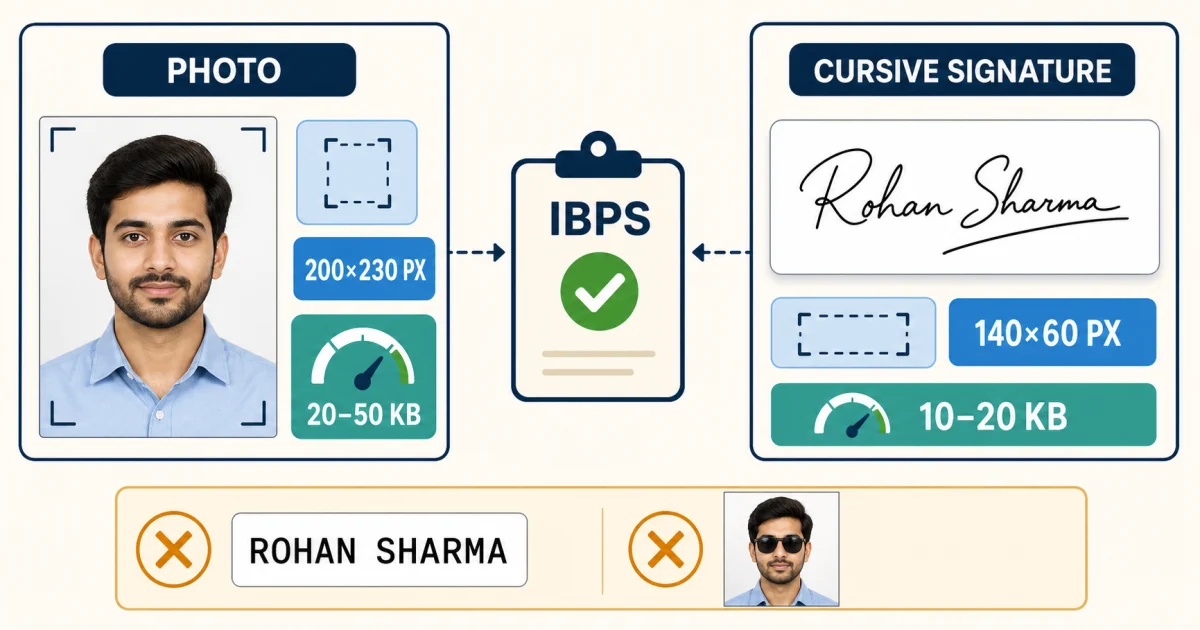 IBPS application guide showing the accepted photo dimensions and file size beside a cursive signature with its dimensions and file size