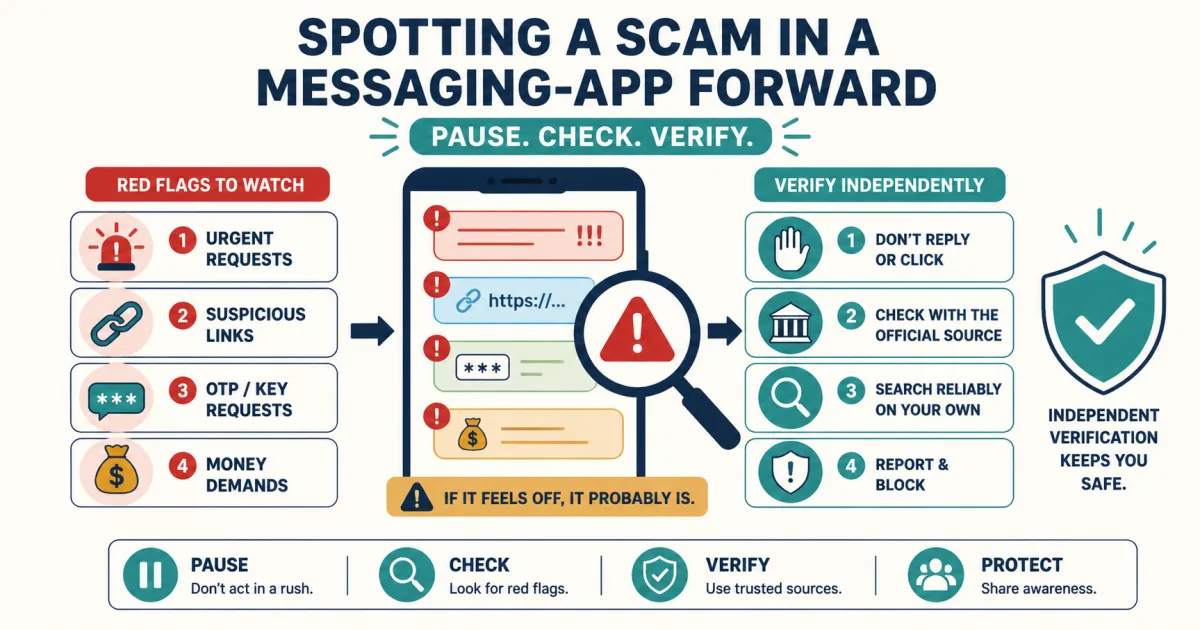 ഈ WhatsApp Forward Scam ആണോ? എളുപ്പത്തിൽ തിരിച്ചറിയൂ വിശദീകരിക്കുന്ന ലളിതമായ ചിത്രം