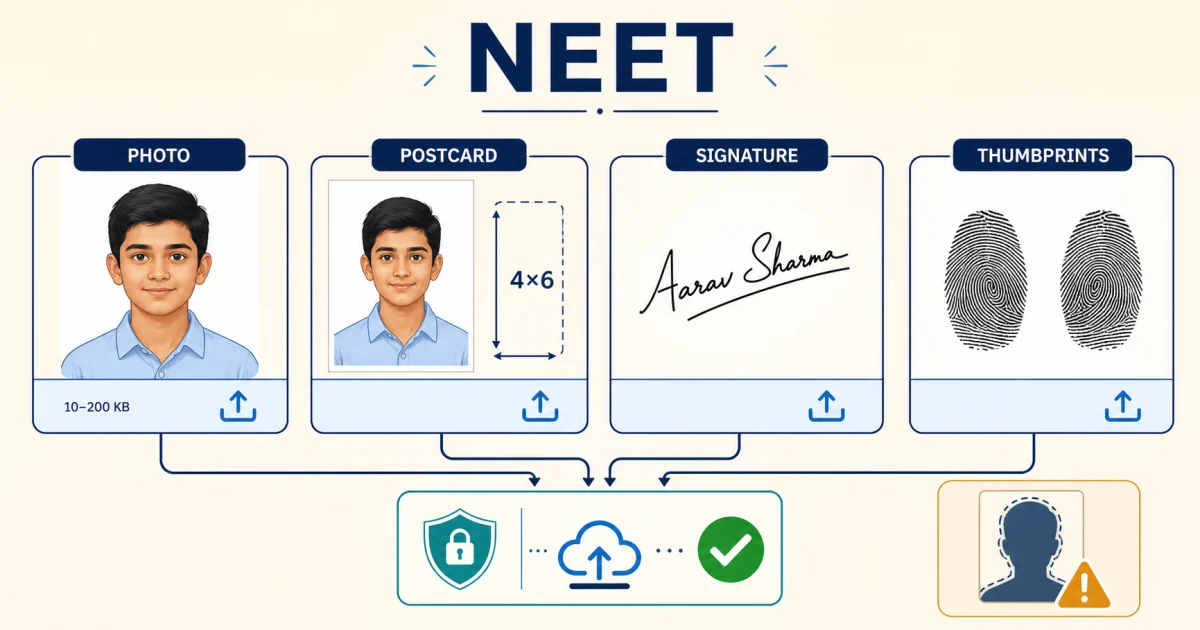 NEET application guide showing the four image categories: passport photo, postcard photo, signature, and thumb impressions
