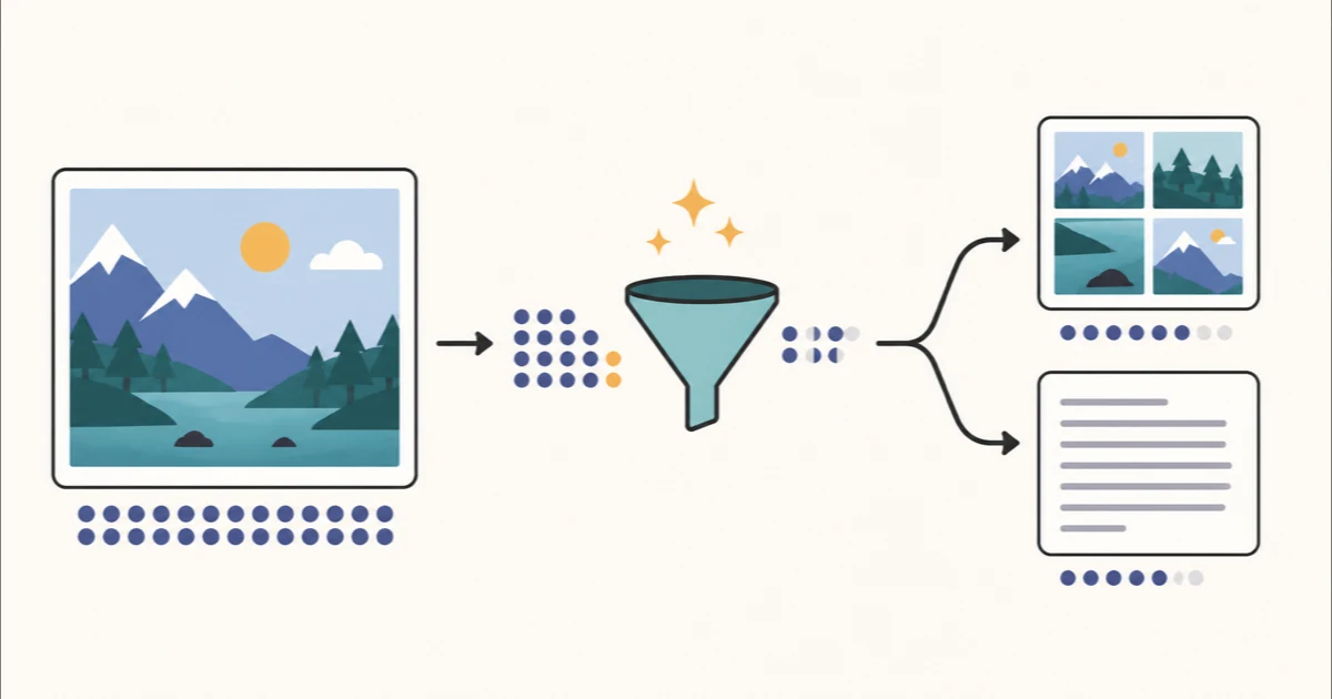A large image passing through an optimization funnel and becoming a smaller tiled image or a compact text document