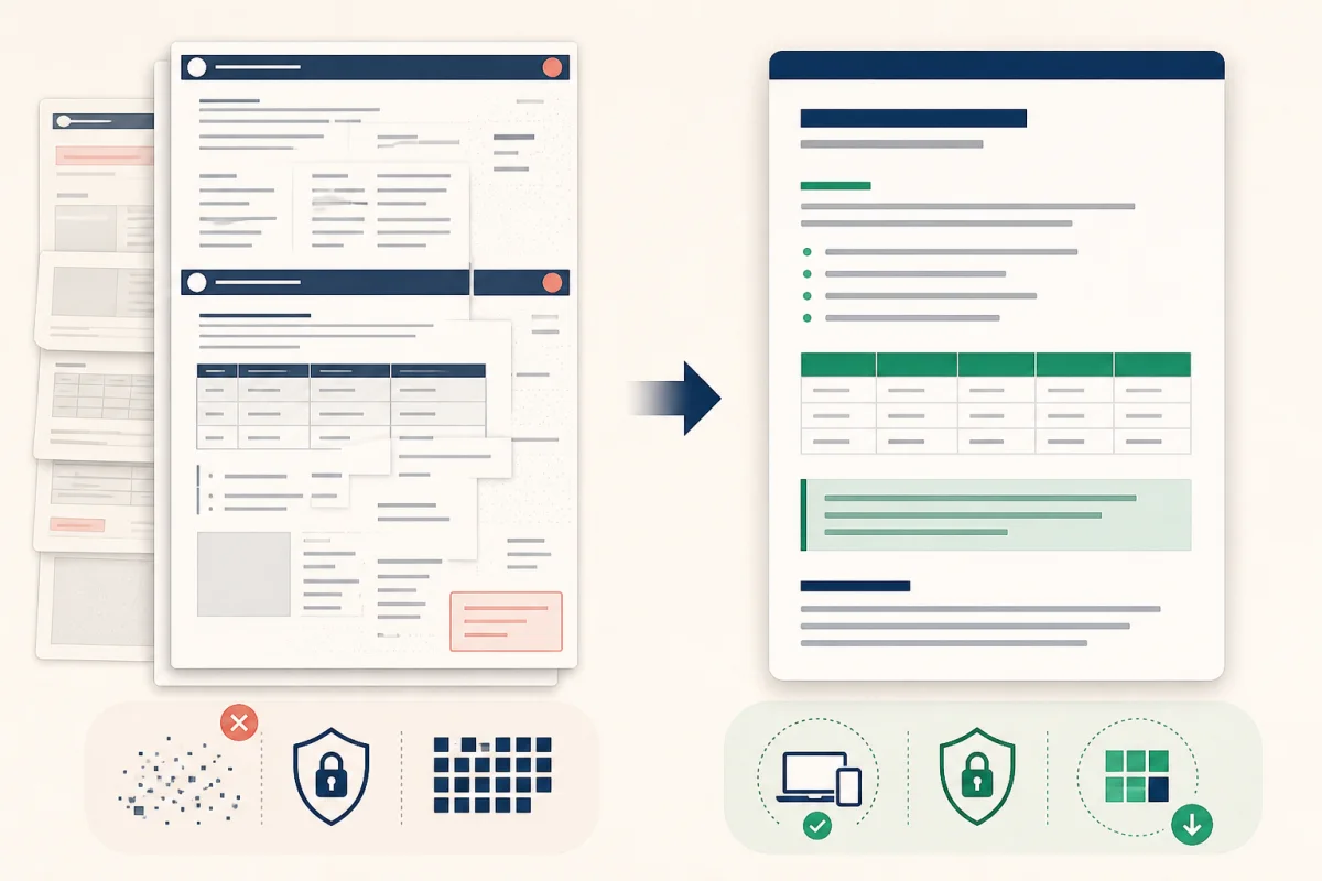 Before and after comparison showing a cluttered PDF extraction becoming a compact structured LLM document