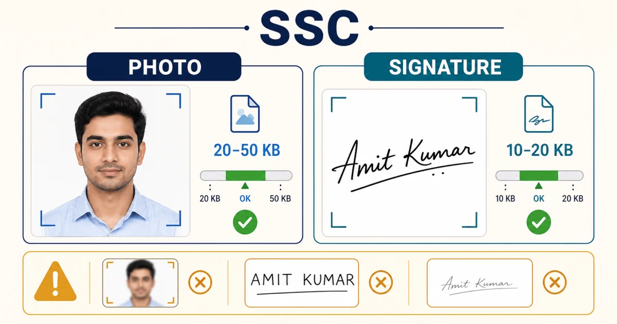 SSC application guide comparing an accepted passport photo and running signature with the required file-size ranges and common rejection examples