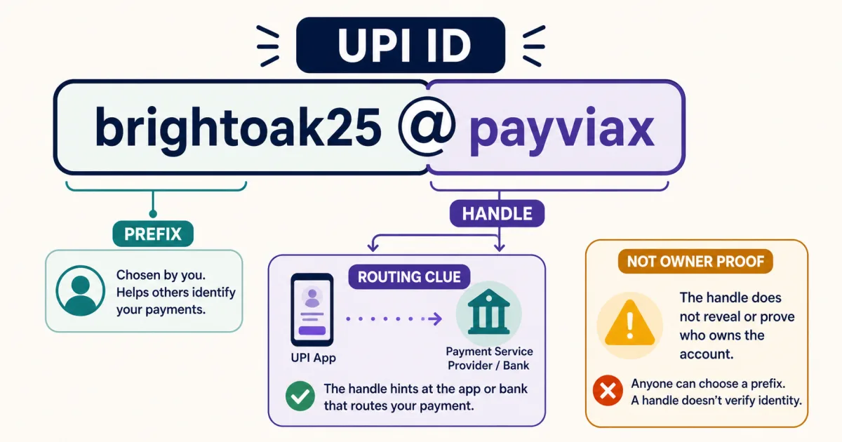 Diagram splitting a fictional UPI ID into prefix and handle and showing that the handle is a routing clue, not proof of the account owner
