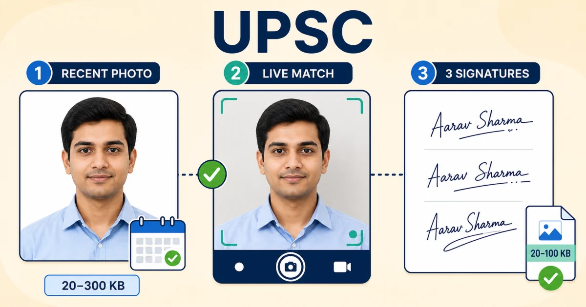 UPSC application guide showing a recent candidate photo, the live photo match, and three signatures stacked vertically on one sheet