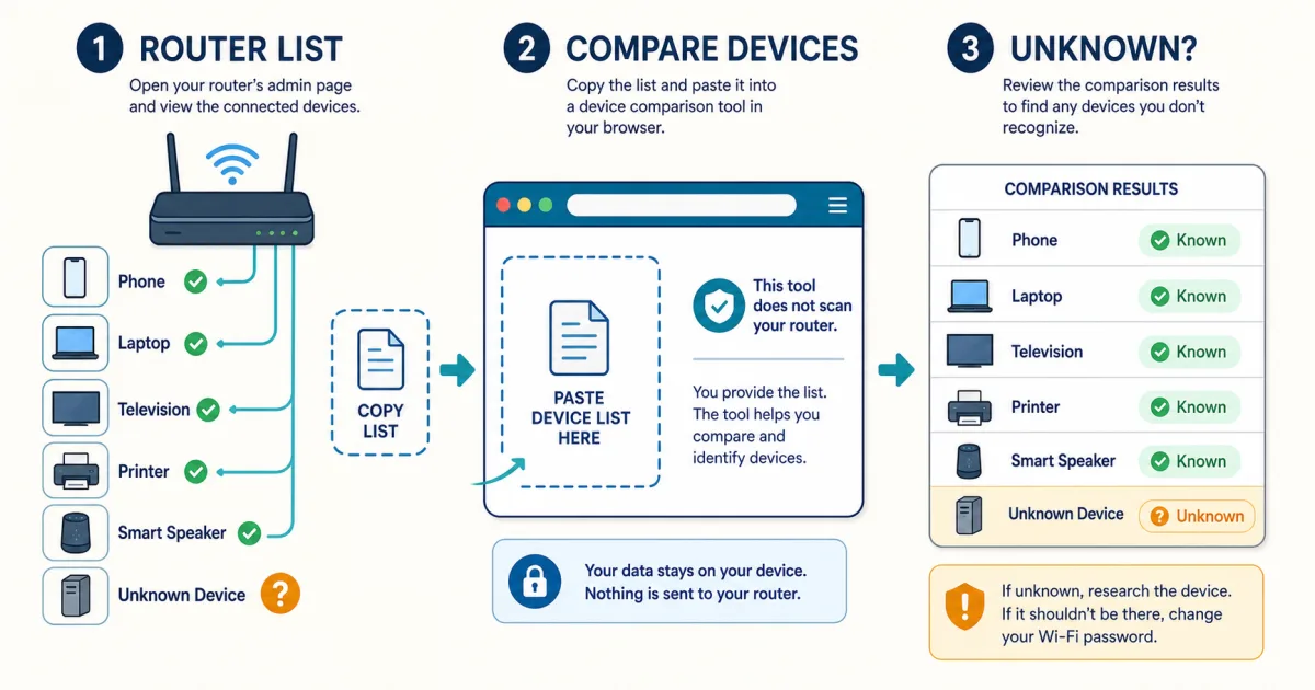 Three-step diagram showing a router device list copied into a browser tool and compared to find one unknown Wi-Fi device